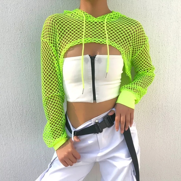 Fishnet Crop Top Shrug Cyber Hoodie Goth Neon Top - Picture 3 of 9